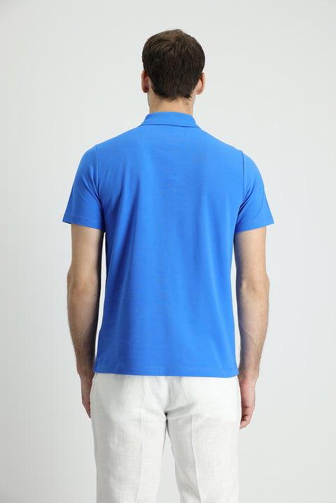 Çivit Mavisi Polo Yaka Regular Fit Nakışlı Pamuk Tişört
