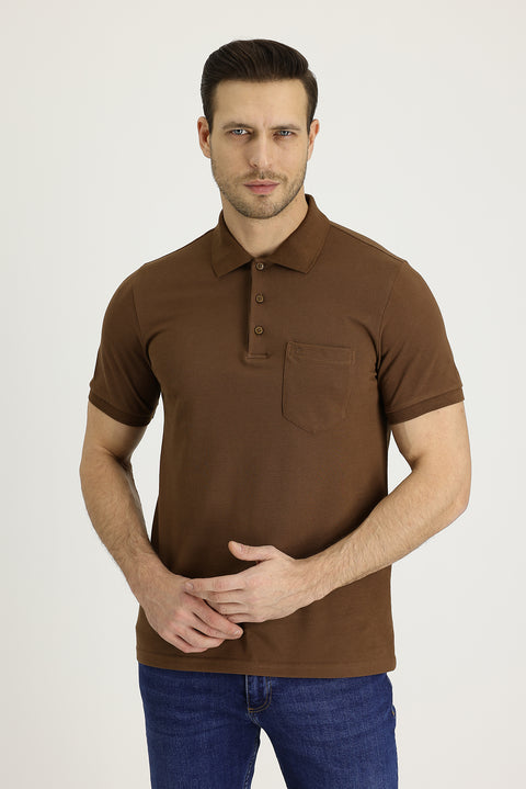 Taba Polo Yaka Regular Fit Nakışlı Pamuk Tişört