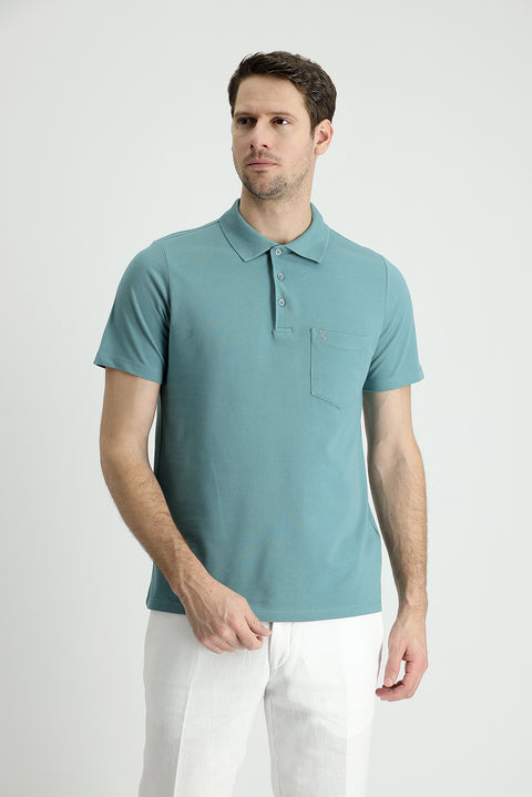 Küf Yeşili Polo Yaka Regular Fit Nakışlı Pamuk Tişört