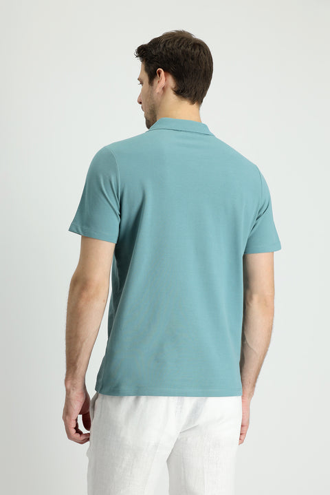 Küf Yeşili Polo Yaka Regular Fit Nakışlı Pamuk Tişört