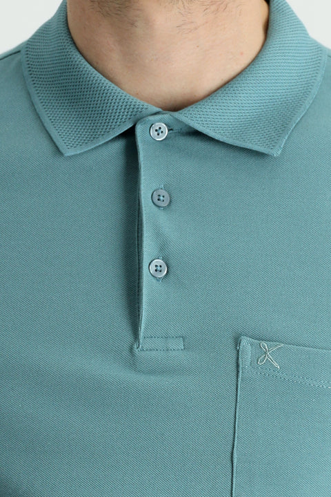 Küf Yeşili Polo Yaka Regular Fit Nakışlı Pamuk Tişört