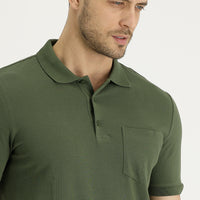 Orta Haki Polo Yaka Regular Fit Nakışlı Pamuk Tişört