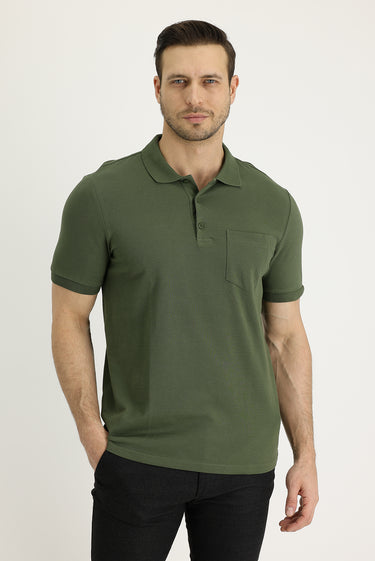 Orta Haki Polo Yaka Regular Fit Nakışlı Pamuk Tişört