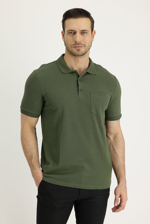 Orta Haki Polo Yaka Regular Fit Nakışlı Pamuk Tişört