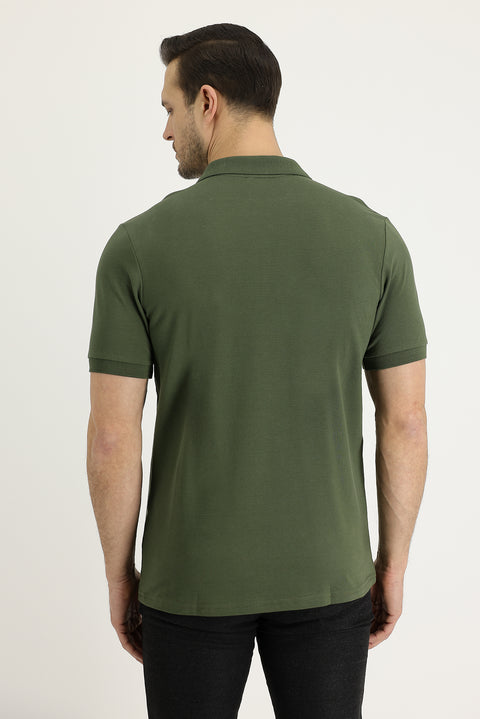 Orta Haki Polo Yaka Regular Fit Nakışlı Pamuk Tişört