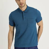 Orta Petrol Polo Yaka Regular Fit Nakışlı Pamuk Tişört