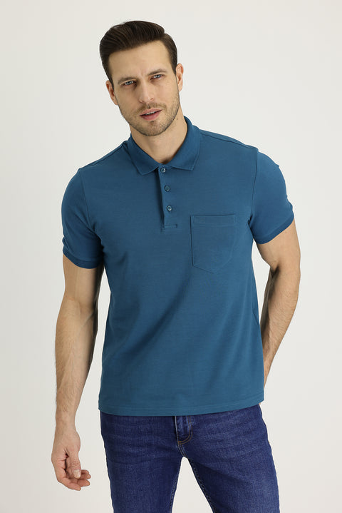 Orta Petrol Polo Yaka Regular Fit Nakışlı Pamuk Tişört