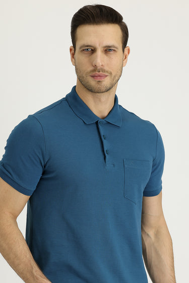 Orta Petrol Polo Yaka Regular Fit Nakışlı Pamuk Tişört
