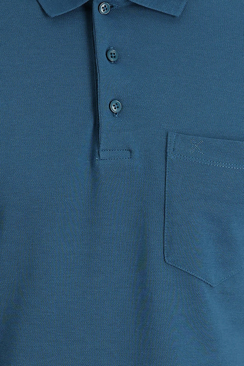 Orta Petrol Polo Yaka Regular Fit Nakışlı Pamuk Tişört