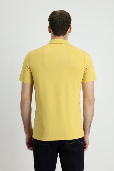 Koyu Sarı Polo Yaka Regular Fit Nakışlı Pamuk Tişört