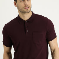 Koyu Bordo Polo Yaka Regular Fit Nakışlı Pamuk Tişört