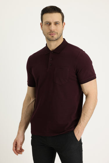  Koyu Bordo Polo Yaka Regular Fit Nakışlı Pamuk Tişört