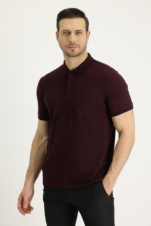 Koyu Bordo Polo Yaka Regular Fit Nakışlı Pamuk Tişört