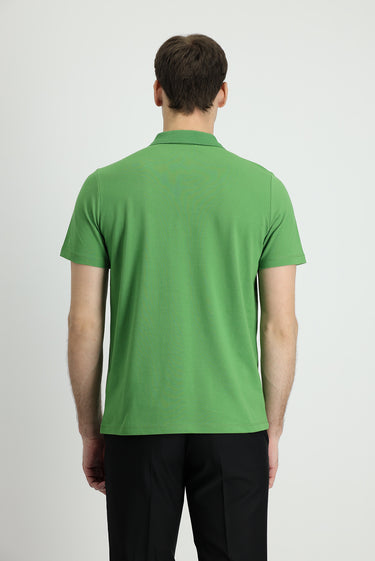 Çimen Yeşili Polo Yaka Regular Fit Nakışlı Pamuk Tişört