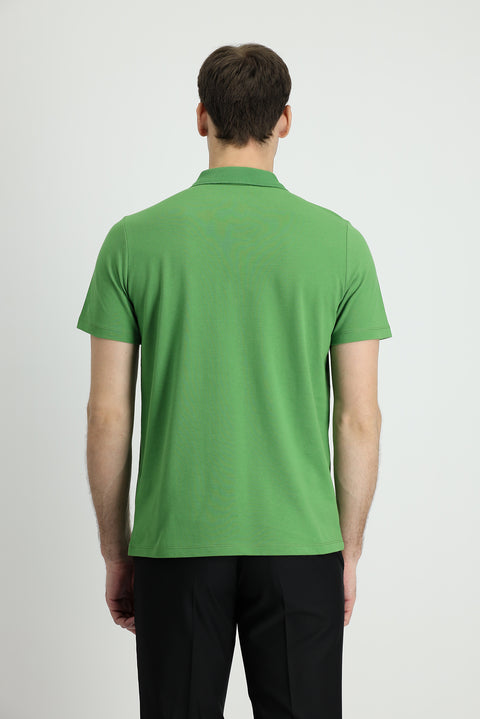 Çimen Yeşili Polo Yaka Regular Fit Nakışlı Pamuk Tişört