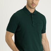 Koyu Yeşil Polo Yaka Regular Fit Nakışlı Pamuk Tişört