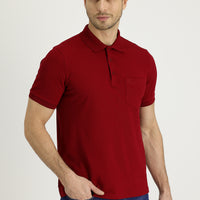 Koyu Kırmızı Polo Yaka Regular Fit Nakışlı Pamuk Tişört