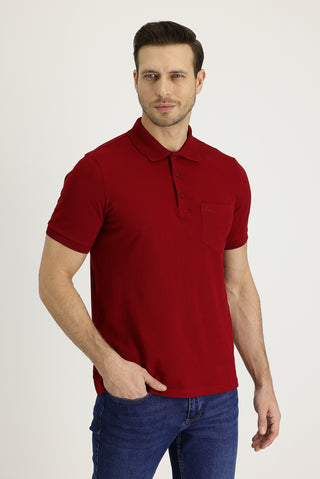  Koyu Kırmızı Polo Yaka Regular Fit Nakışlı Pamuk Tişört