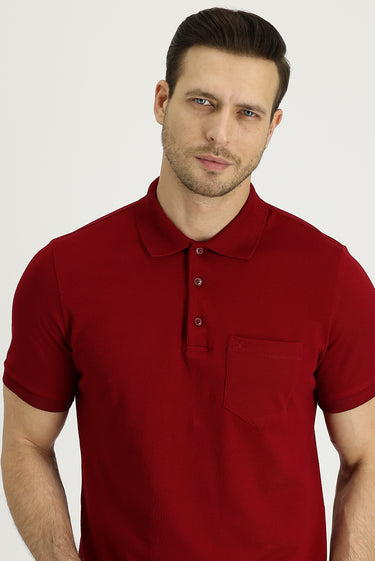 Koyu Kırmızı Polo Yaka Regular Fit Nakışlı Pamuk Tişört