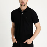 Siyah Polo Yaka Regular Fit Nakışlı Pamuk Tişört