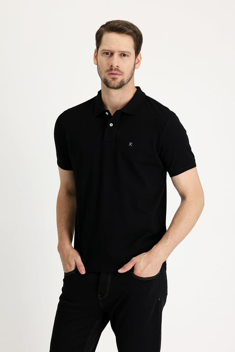 Siyah Polo Yaka Regular Fit Nakışlı Pamuk Tişört