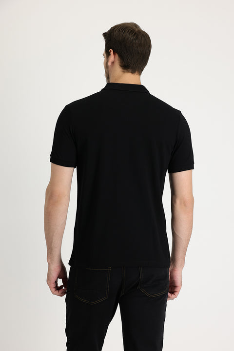 Siyah Polo Yaka Regular Fit Nakışlı Pamuk Tişört