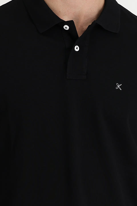 Siyah Polo Yaka Regular Fit Nakışlı Pamuk Tişört