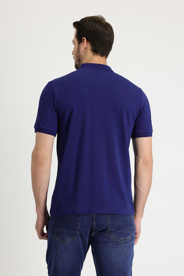 Orta Lacivert Polo Yaka Regular Fit Nakışlı Pamuk Tişört