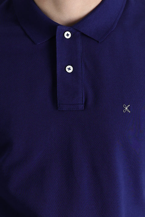 Orta Lacivert Polo Yaka Regular Fit Nakışlı Pamuk Tişört