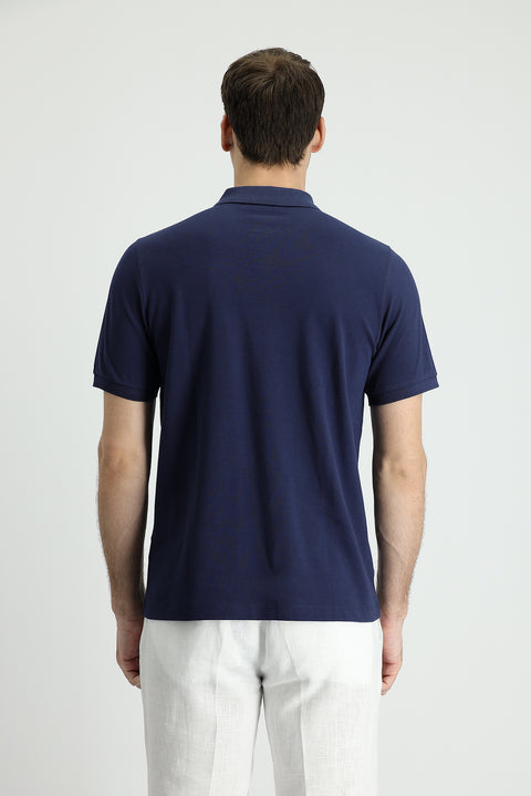 Koyu Lacivert Polo Yaka Regular Fit Nakışlı Pamuk Tişört