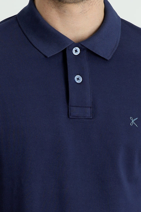 Koyu Lacivert Polo Yaka Regular Fit Nakışlı Pamuk Tişört