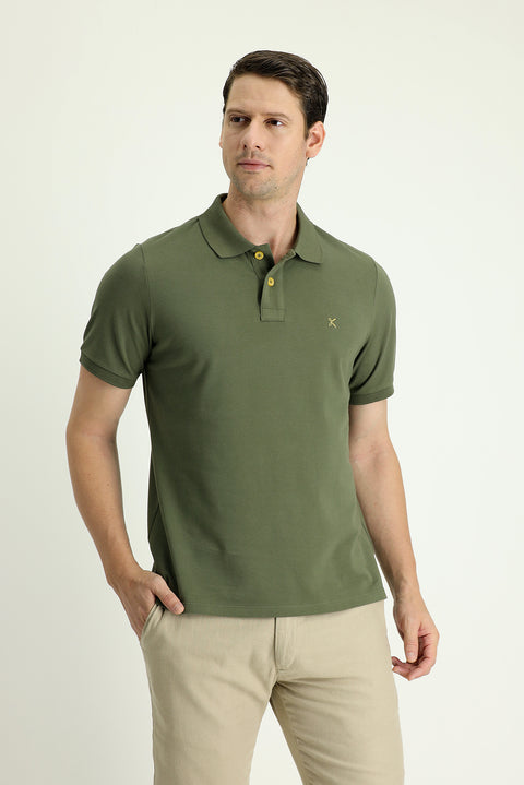 Orta Haki Polo Yaka Regular Fit Nakışlı Pamuk Tişört