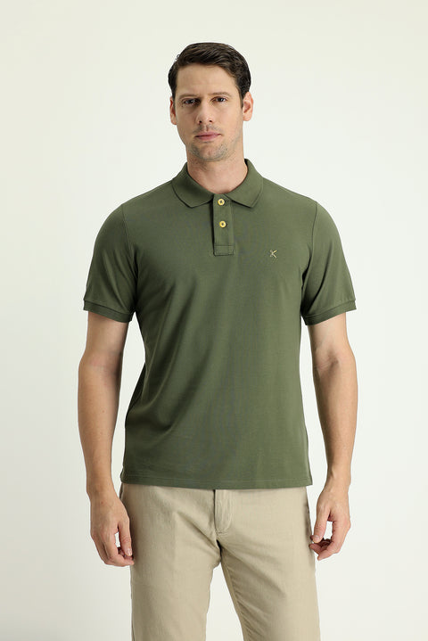 Orta Haki Polo Yaka Regular Fit Nakışlı Pamuk Tişört