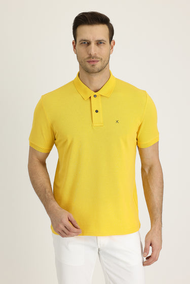 Koyu Sarı Polo Yaka Regular Fit Nakışlı Pamuk Tişört