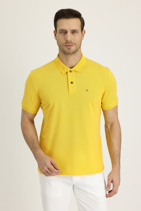 Koyu Sarı Polo Yaka Regular Fit Nakışlı Pamuk Tişört