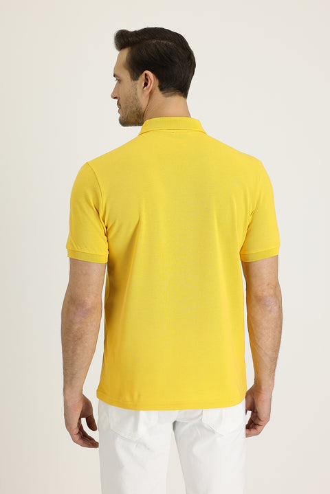 Koyu Sarı Polo Yaka Regular Fit Nakışlı Pamuk Tişört