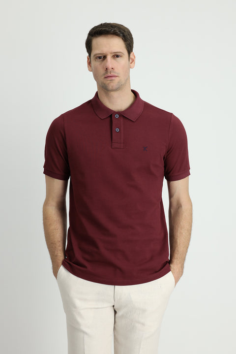 Koyu Bordo Polo Yaka Regular Fit Nakışlı Pamuk Tişört