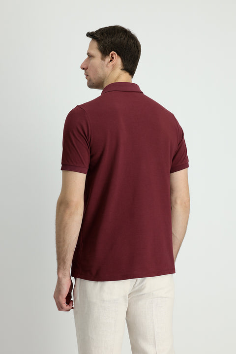 Koyu Bordo Polo Yaka Regular Fit Nakışlı Pamuk Tişört