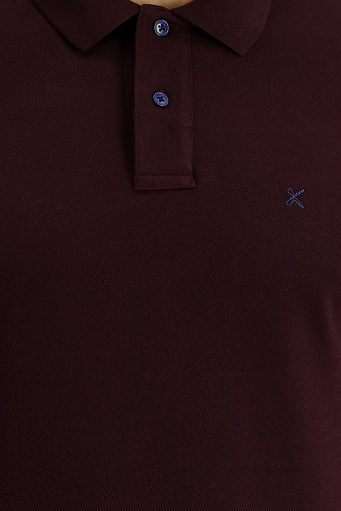 Koyu Bordo Polo Yaka Regular Fit Nakışlı Pamuk Tişört