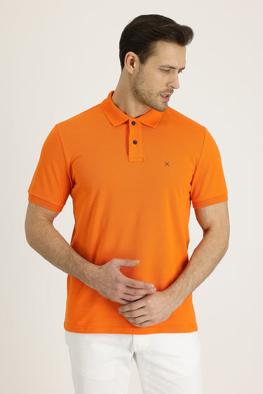 Orta Turuncu Polo Yaka Regular Fit Nakışlı Pamuk Tişört