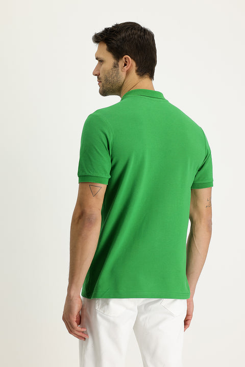 Çimen Yeşili Polo Yaka Regular Fit Nakışlı Pamuk Tişört