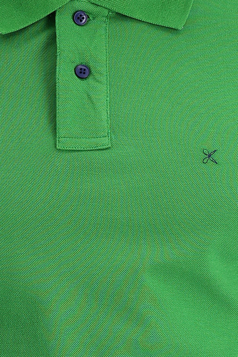 Çimen Yeşili Polo Yaka Regular Fit Nakışlı Pamuk Tişört