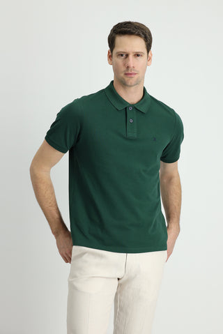  Koyu Yeşil Polo Yaka Regular Fit Nakışlı Pamuk Tişört