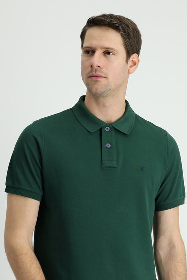 Koyu Yeşil Polo Yaka Regular Fit Nakışlı Pamuk Tişört