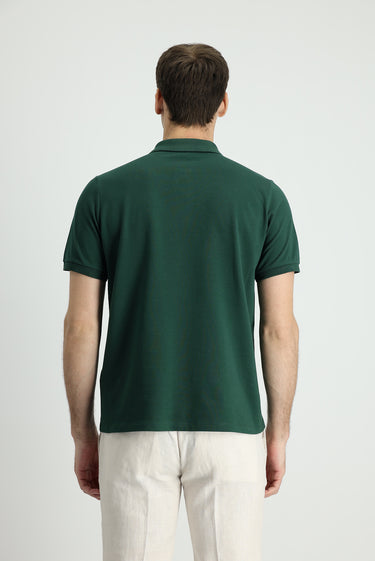 Koyu Yeşil Polo Yaka Regular Fit Nakışlı Pamuk Tişört