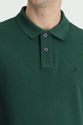  Koyu Yeşil Polo Yaka Regular Fit Nakışlı Pamuk Tişört