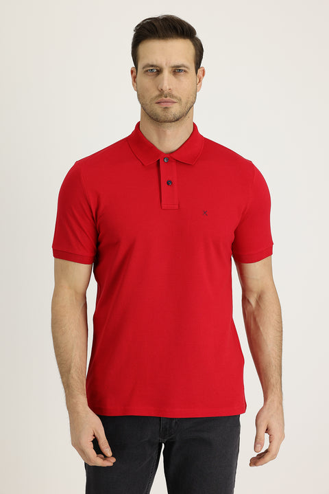 Bayrak Kırmızı Polo Yaka Regular Fit Nakışlı Pamuk Tişört