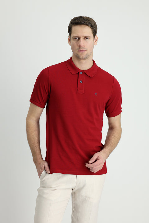 Koyu Kırmızı Polo Yaka Regular Fit Nakışlı Pamuk Tişört