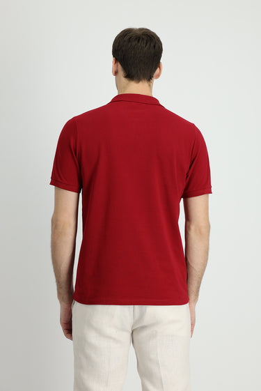Koyu Kırmızı Polo Yaka Regular Fit Nakışlı Pamuk Tişört