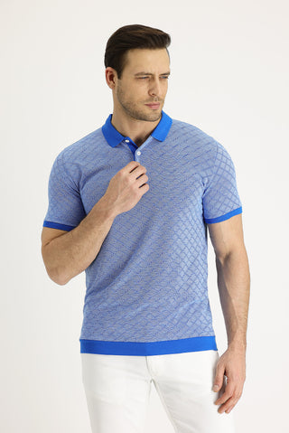  Mavi Polo Yaka Slim Fit Dar Kesim Desenli Tişört